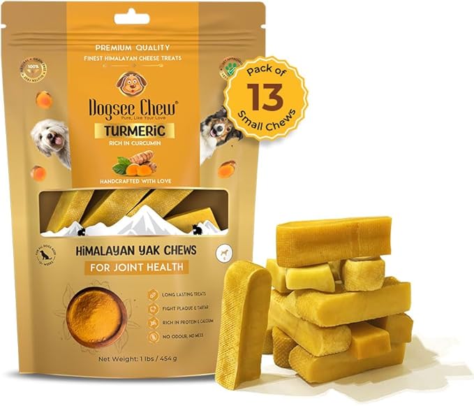 Dogsee Himalayan Yak Cheese with Turmeric 1lb (Small - 13 Pieces) | Rawhide-Free Treats for Small Dogs | Supports Joint Health | Improves Dental Health