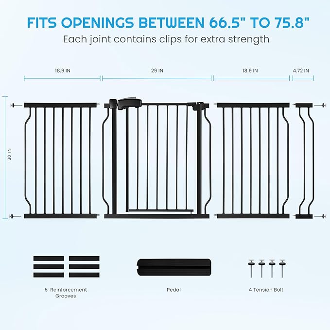 Extra Wide Baby Gate for Stairs Doorways with door, 30" Tall 66.5-75.8" Wide Easy Install Dog Gate indoor, Safety Metal Pressure Mounted Pet Gate with Walk-Thru Auto Close for the House, Black