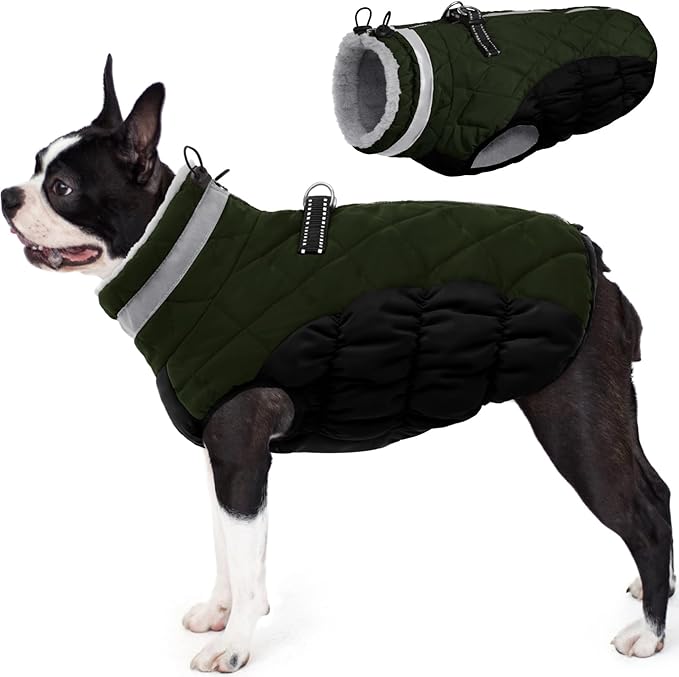 AOFITEE Dog Coat, Warm Dog Winter Coat for Small Dogs, Reflective Turtleneck Dogs Jacket with Harness Built in, Waterproof Windproof Pet Fleece Vest Snow Jacket for Cold Weather, Green S