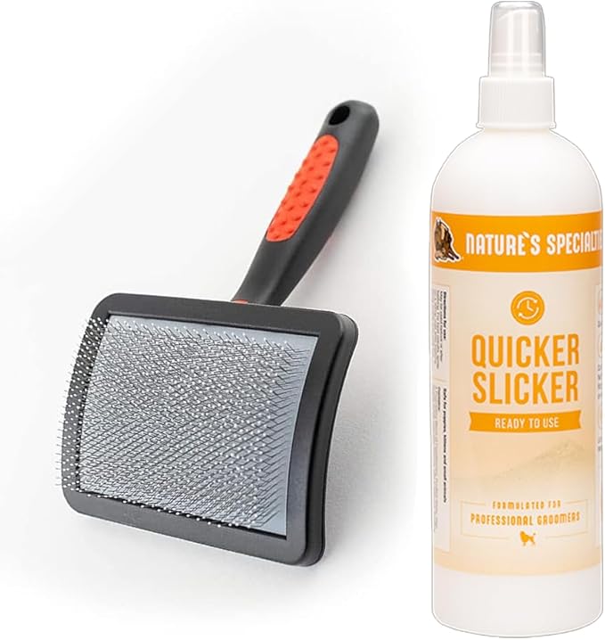 Paw Brothers Grooming Tool and Nature's Specialties Conditioning Spray Bundle - Soft Coated Pin Curved Slicker Brush, Small - Quicker Slicker Detangling and Conditioning Spray, Ready to Use, 16 oz