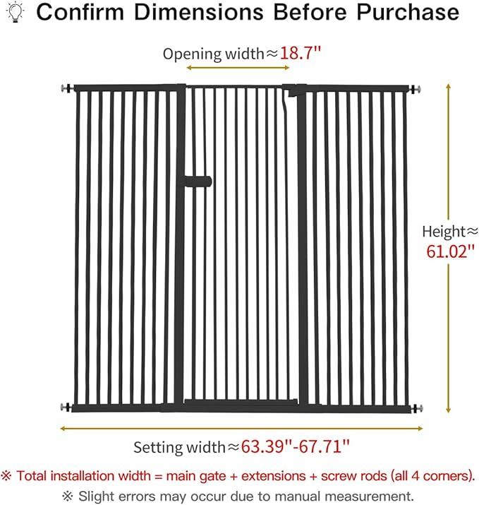 Lumizone Extra Tall Cat Gate 61.02" High Pressure Mounted Extra Wide 2025 New (17 Sizes) 1.37" Gap No Drilling Auto-Close One-Handed Operation Tall Pet Gate for Dogs(Black, 63.39"-67.71"/161-171.5CM)