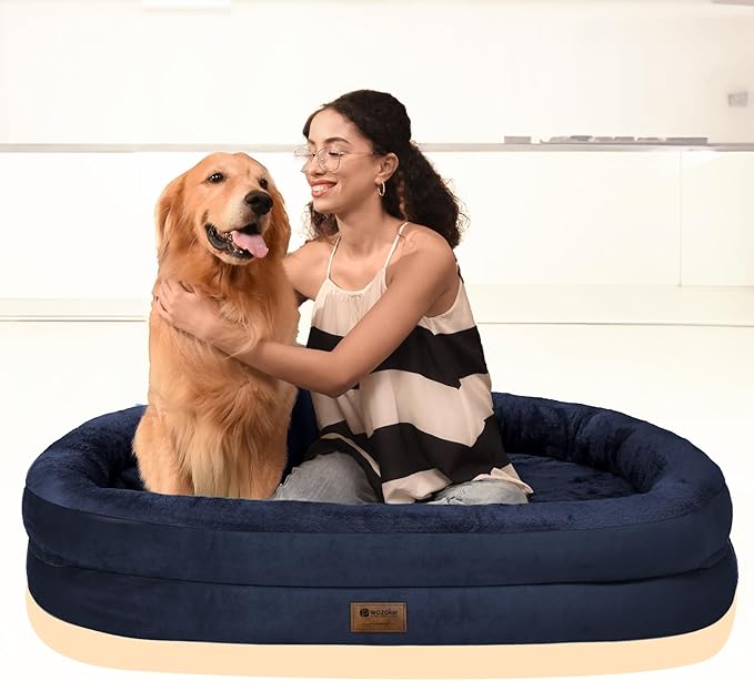 Orthopedic Waterproof Large Dog Bed: Memory Foam Washable Dog Bed with Bolsters - XL Removable Washable Cover for Medium Large Sized Pet - Non-Slip Bottom - Navy