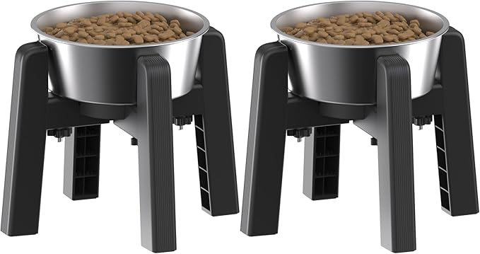 CZPET Dog Bowl Stand, 51 oz Large Capacity Raised Elevated Dog Food/Water Stainless Steel Feeder, Size Adjustable & Anti-Slip Stand for Medium Dogs (2 Pack)