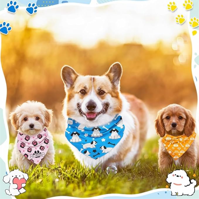 30Pcs Dog Bandanas Bulk Adjustable Washable Triangle Pet Bandanas Cartoon Bone Paw Print for Small Medium Large Dogs Grooming Daily Wear Birthday Party