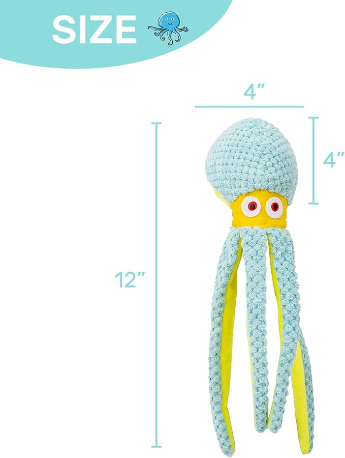 Hollypet Squeaky Plush Stuffed Durable Dog Toys, Cute Puppy Chew Toys for Small, Medium and Large Breed Dogs，Blue Octopus