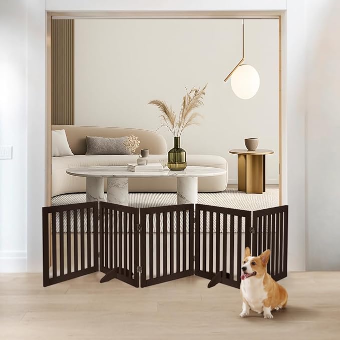 unipaws 24”H Free Standing Pet Gate for Dogs and Cats, Wooden Dog Gates for Doorway, Stairs, Dog Room Divider, Step Over Foldable Pet Fence for The House, Expandable Barrier, Indoor Use, Espresso