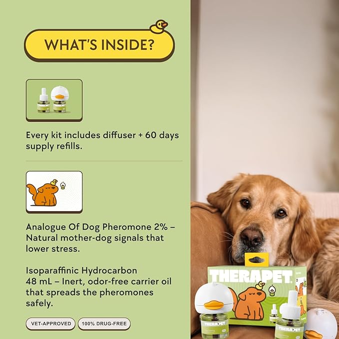 Therapet MD Dog Calming Diffuser - Pheromone Diffuser for Dogs Indoor Behavior Support, Anxiety Aid, 60 Day Long Lasting Refill Kit, Natural Formula