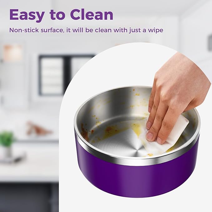 Dog Bowl, Stainless Steel Dog Food and Water Bowl with Non Slip Quiet Bottom, Easy to Clean, Dishwasher Safe, 64oz, Purple