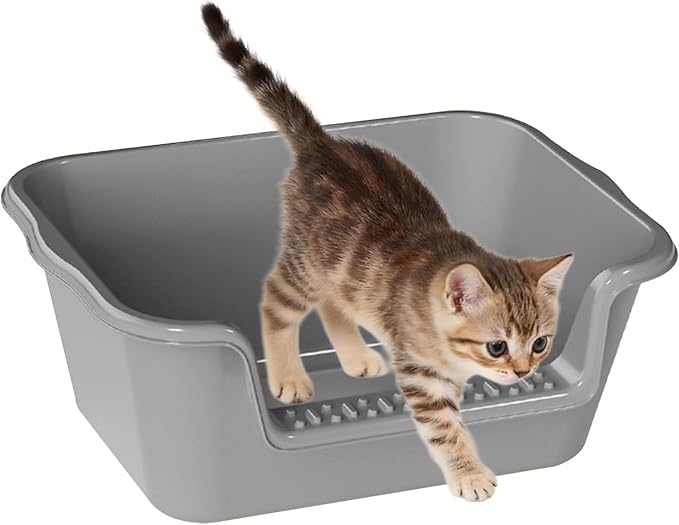 Small Cat Litter Box with High Sides,Cat Litter Pan Tray,High Wall Kitty Litter Box with Anti-Leakage Top Low Entry for Indoor Senior Cats & Multi Cats,Non-Sticky,Easy to Clean (Grey)