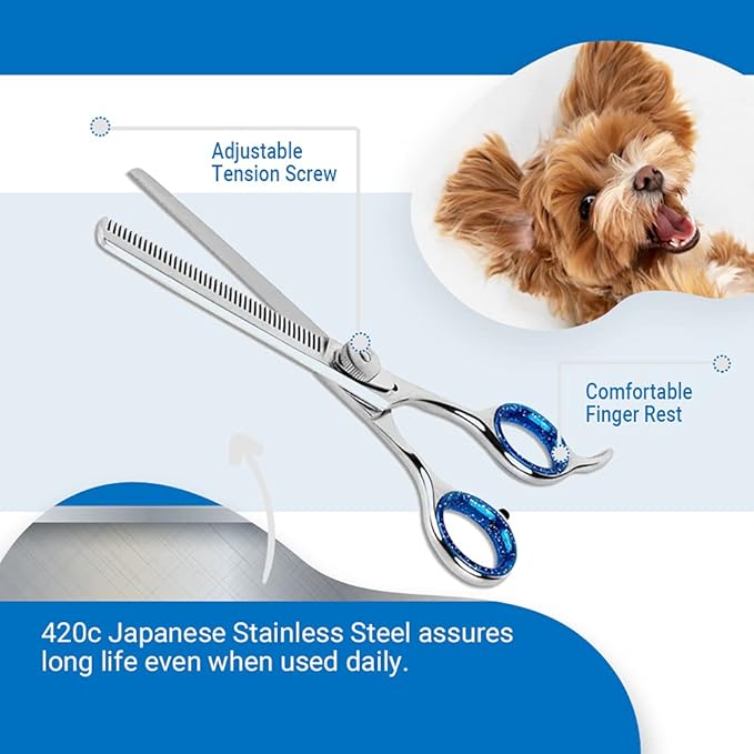 Laazar Pet Grooming Set - 7" Straight Pet Grooming Scissors & 6.5" Pet Thinning Shears with 42 Teeth | Professional Dog Scissors Kit | Use as Cat and Dog Shears