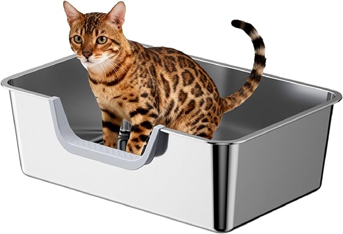 Stainless Steel Cat Litter Box, Large Metal Cat Pan Box, 6 Inch High Sides Low Entry Kitten Litter Boxes, Litter Pan for Older Cats, Easy Cleaning, Non Stick, No Smell, 17.7" x 13.8", Gray