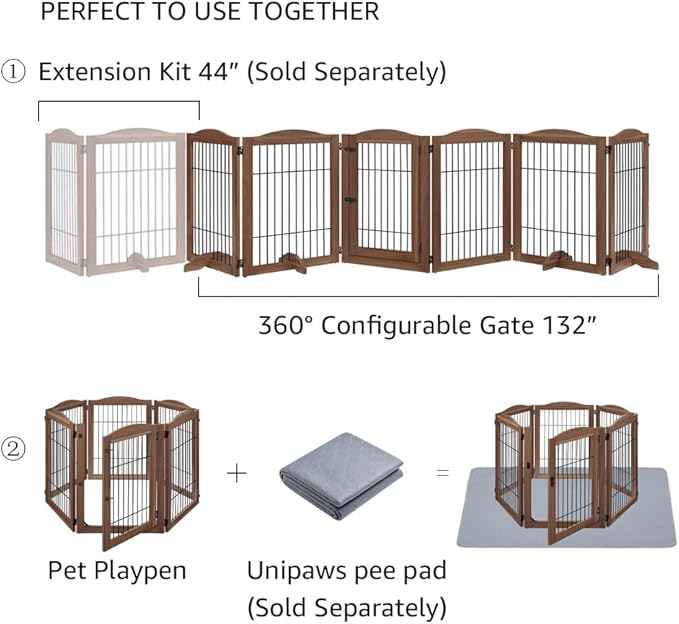 unipaws Pet Playpen with Wood and Wire, 6 Panels Extra Wide Freestanding Walk Through Dog Gate with 5 Support Feet, Foldable Stairs Barrier Pet Exercise Pen for Dogs Cats