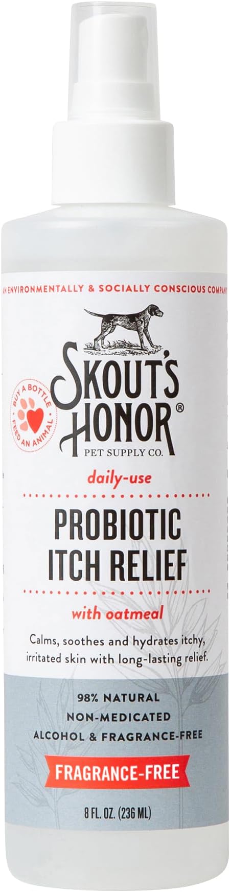 SKOUT'S HONOR Probiotic Itch Relief Spray for Pets - Non-Medicated, Fragrance-Free, Natural, Vegan, Long-Lasting Relief, with Soothing Aloe & Avocado Oil, 8 oz