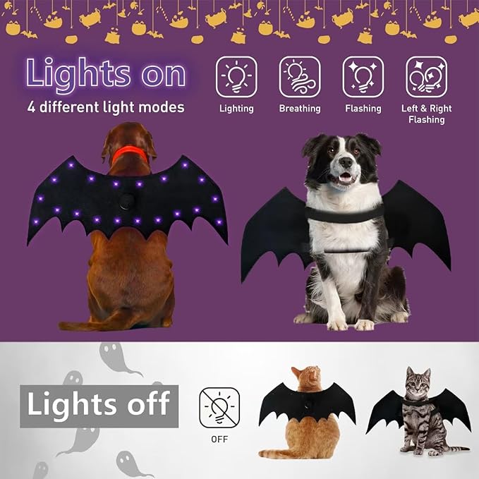Luminous 20 LED Lights with bat Wings, Suitable for Halloween pet Costumes for Cats and Dogs, 4 Lighting Modes, Suitable for Different Body Types