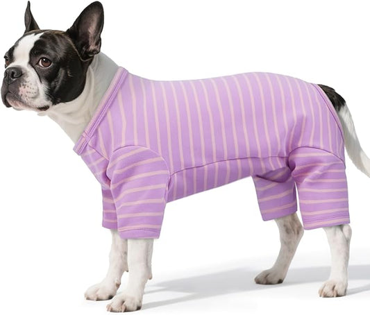 Striped Dog Pajamas - Pijamas for Small to Large Dogs, Fleece Shedding Suit, Stretchy & Machine-Washable Pjs, Belly Cut for Males, Great for Surgery & Cold Weather, Purple XL