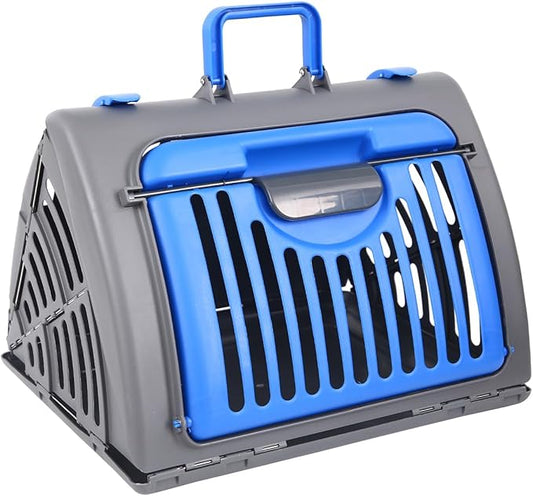 Foldable Travel Cat Carrier, Small Cat Carrier Hard Up to 25lbs, 18" Lx14.5 Wx14 H Front Open Type Plastic Cat Carriers, Blue