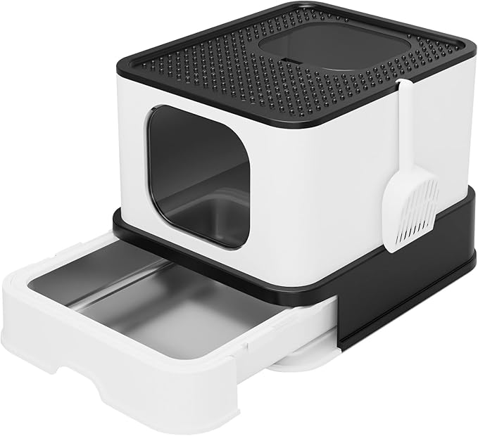 RIZZARI Stainless Steel Litter Box: Extra Large Design Prevents Leaks - Black Enclosed Cat Pan - Odors Control for Cats Under 25 lbs - Bathroom Living Room Use