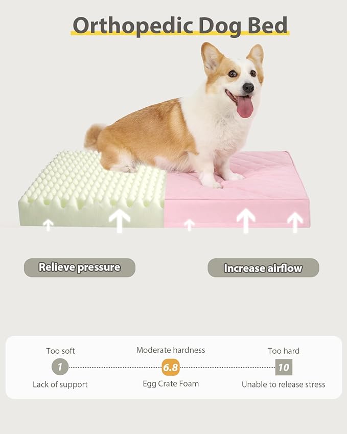 Orthopedic Dog Beds Large Sized Dog Waterproof Pet Kennel Pad with Removable Washable Cover and Non-Slip Bottom, 35x23 Inch, Pink