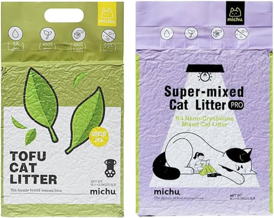 Michu Tofu Cat Litter Natural Clumping Tofu Cat Litter 5.5lb/88oz 5 Scents (Greentea + Mixed, 2 Pack)