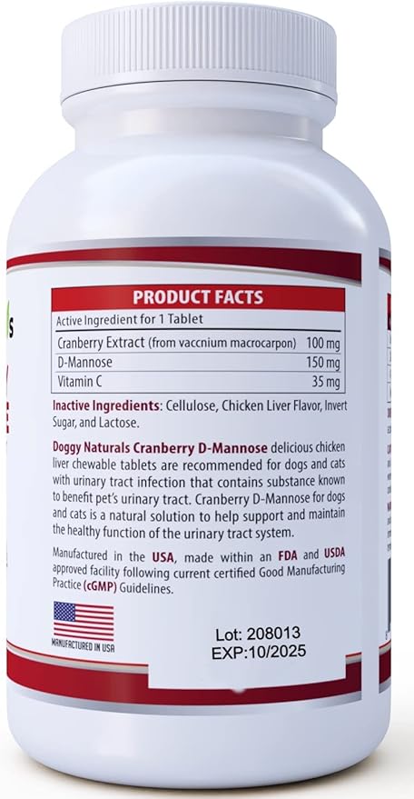 Cranberry D-Mannose for Dogs and Cats Urinary Tract Infection Support Prevents and Eliminates UTI, Bladder Infection Kidney Support, Antioxidant (Single Strength Tablet, 150 Count)