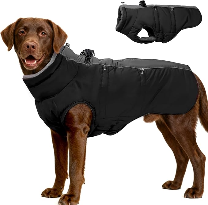 Dog Winter Jacket - 3X Large, Warm Zip Up Snowsuit Dog Harness Vest, Reflective, Water-Resistant, Black