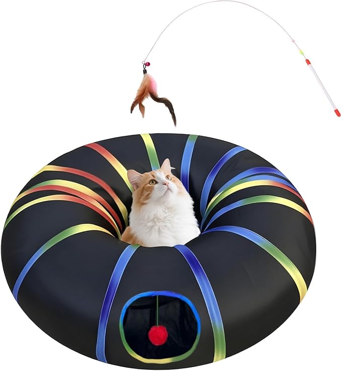 LUCKITTY Cat Tunnel Toy with Plush Ball & Cat Wand Feather Toys-Portable Tattaff Waterproof Washable-Interesting Pattern Collapsible Black Rainbow