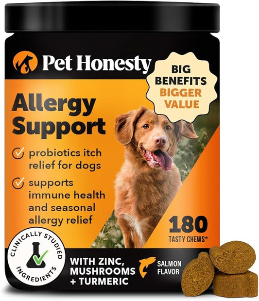 Pet Honesty Dog Allergy Support Chews Max Strength, Omega 3 Salmon Fish Oil, Probiotic Supplement for Anti-Itch and Seasonal Allergies