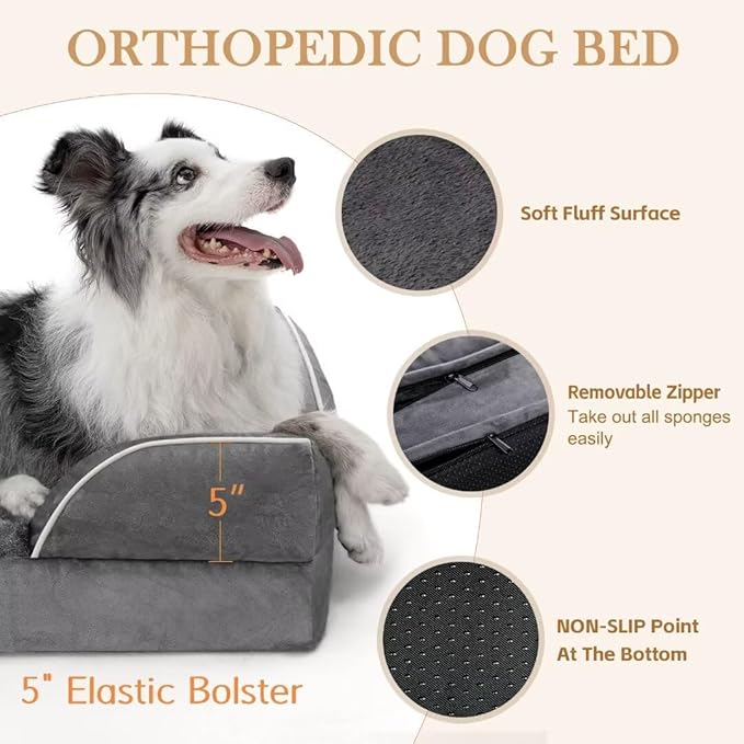 Comfort Expression Orthopedic Dog Bed for Extra Large Dogs 45x35 Inch, Waterproof Egg Crate Foam XL Pet Bed with Removable Bolsters, Dog Couch with Washable Cover & Non-Slip Bottom, Dark Grey