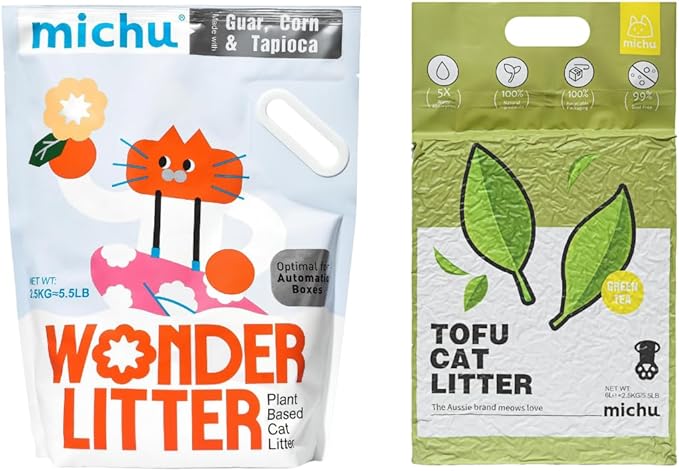 Michu Tofu Cat Litter Natural Clumping Tofu Cat Litter 5.5lb/88oz 5 Scents (Greentea + Wonder Litter, 2 Pack)