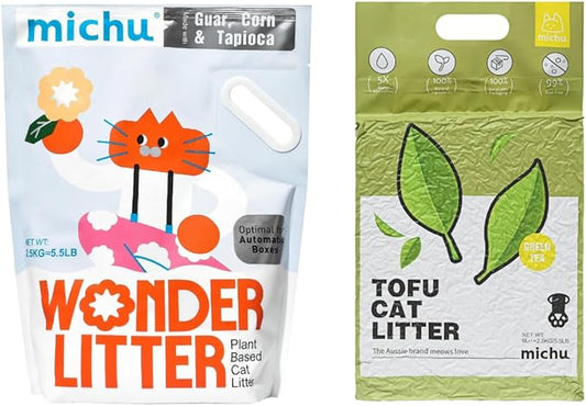 Michu Tofu Cat Litter Natural Clumping Tofu Cat Litter 5.5lb/88oz 5 Scents (Greentea + Wonder Litter, 2 Pack)