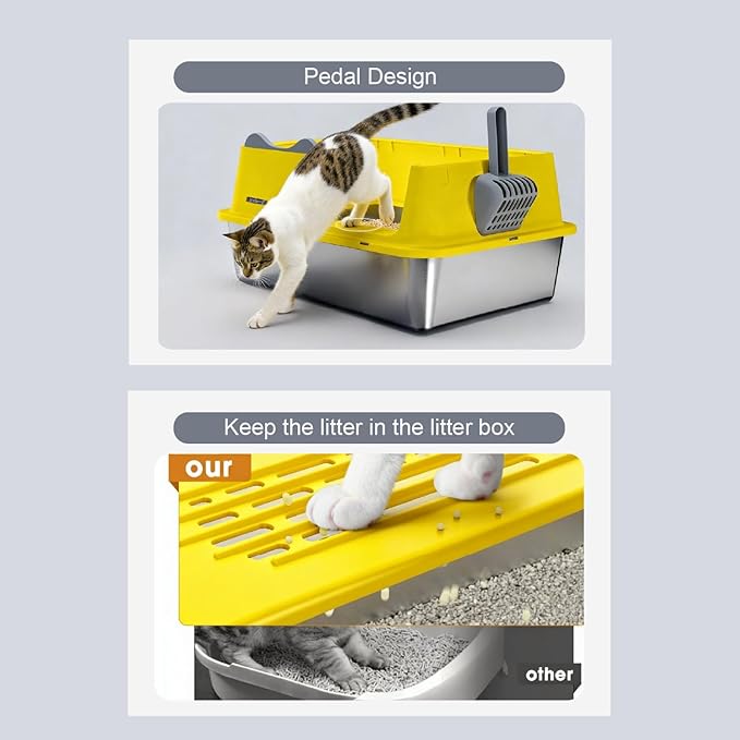 Stainless Steel Cat Litter Box, Open Top High-Sided Metal Litter Box with Scoop, Extra Large Litter Boxes for Kitty Kitten and Big Cats, Anti-Urine Leakage, Non-Sticky, Easy to Clean (Yellow)
