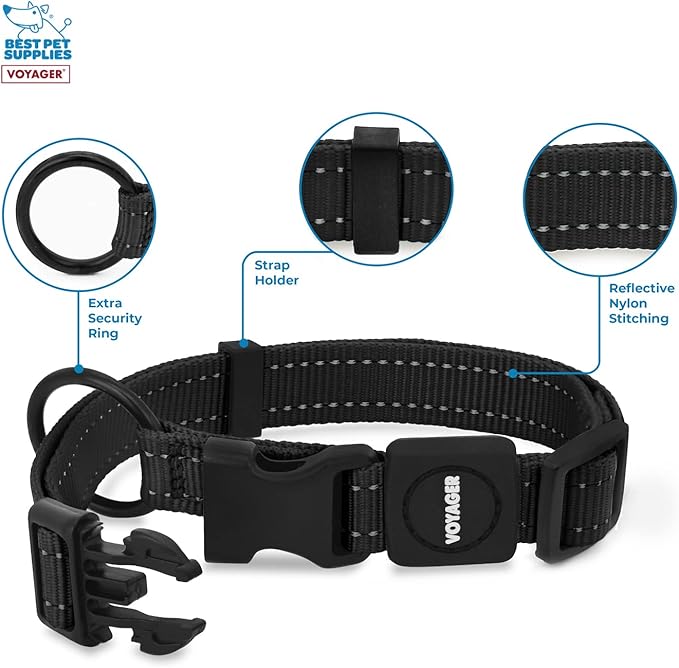 Best Pet Supplies Reflective Dog Collar with Adjustable Length, Heavy-Duty Buckle, and Strong Leash D-Ring, Training, Walking, Jogging Accessory for Small, Medium, and Large Breeds - Black, M