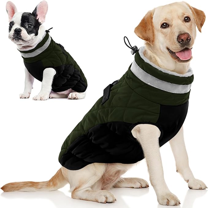 AOFITEE Dog Coat, Warm Dog Winter Coat, Reflective Turtleneck Large Dogs Jacket with Harness Built in, Turtleneck Pet Winter Jacket, Waterproof Pet Snow Jackets Fleece Vest, Green XL