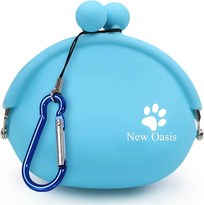 New Oasis Dog Treat Pouch, 10oz Small Portable Silicone Dog Training Pouch Reusable Dog Treat Bag with Carabiner Key Case Silicone Coin Pouch, Blue