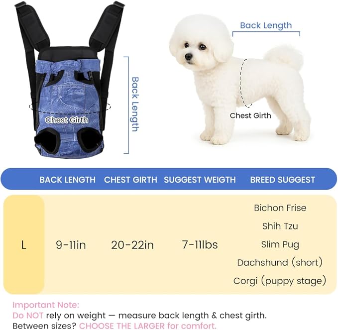 Dog Backpack Carrier, Front Pocket for Essentials, Pet Sling Front Backpacks for Small Medium Dogs 7-11 Lbs, Legs Out, Adjustable Wearable Puppy Chest Travel Bag, Easy-Fit for Hiking/Walking/Camping