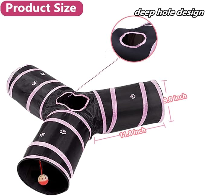 Cats Bunny Tunnel Tube Pink,3 Way Collapsible Small Animal Play Tunnel Toys with Ball for Indoor Cat Kitten Bunny Rabbit Ferret Small Animals (Black@Pink)