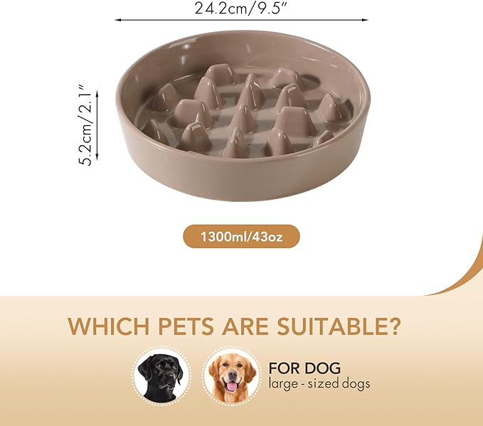 Ceramic 9.5 inch Dog Bowl Slow Feeder, Slow Pet Food Dish for Large Dog, Stop Bloat, Preventing Choking(Single Bowl, Brown Coffee)