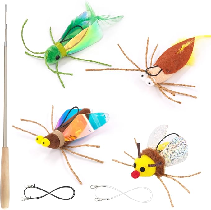 SONGWAY Cat Bug Toy Wand - Insect Interactive Cat Toys with Retractable Teaser Wand and 4 Pcs Bug Toy Feather Replacements for Cats Kittens