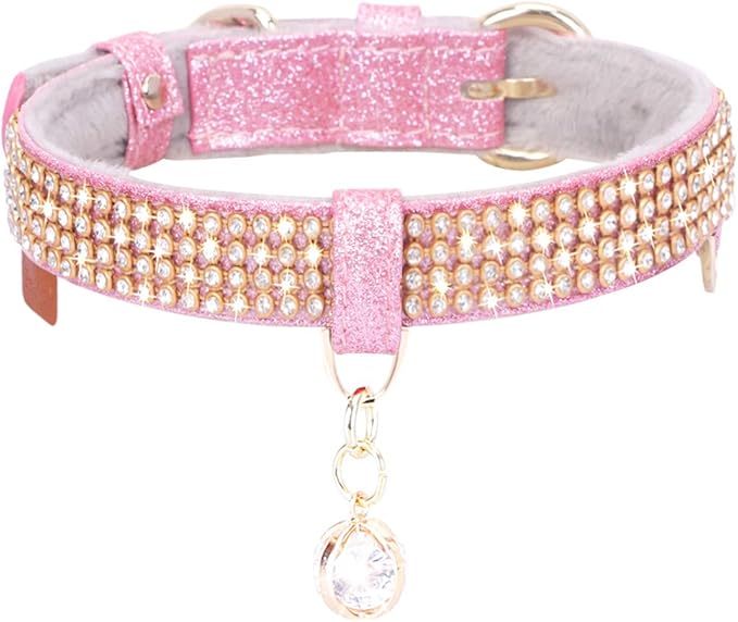 PetsHome Cat Collar, Dog Collar, [Bling Rhinestones] Premium PU Leather with Pendant Adjustable Collars for Cat and Small Dog Extra Small Pink