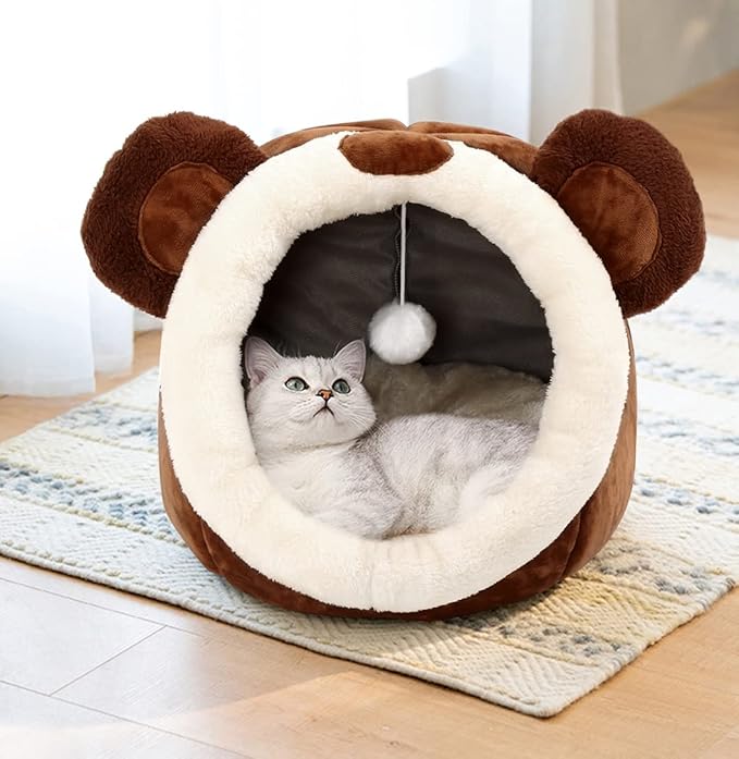 Lcybem Cat Beds for Indoor Cats - Cat Bed Cave with Removable Washable Cushioned Pillow, Soft Plush Premium Cotton No Deformation Pet Bed, Roomy Bear cat House Design, Multiple Sizes-L