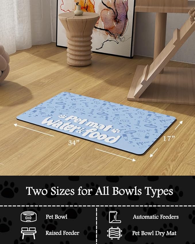 Pet Feeding Mat-Absorbent Dog Mat for Food and Water Bowl-No Stains Quick Dry Water Dispenser Mat-Dog Accessories Pet Supplies-Bowl for Messy Drinkers（PAW,17"x34"