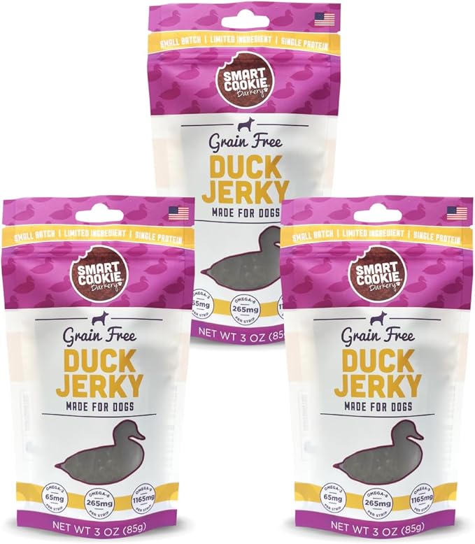 Smart Cookie Duck Jerky Dog Treats with Flax Seed, Omega Oils- Hypoallergenic Strips for Dogs and Puppies with Allergies, Sensitive Stomachs - Dehydrated, Grain Free, Made in USA - 3oz Bag, Pack of 3