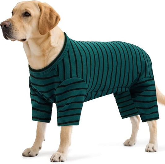 Striped Dog Pajamas - Thermal Bodysuit for Small to Large Dogs, Fleece Shedding Suit, Stretchy & Machine-Washable Pjs, Belly Cut for Males, Great for Surgery & Cold Weather, Green 5XL