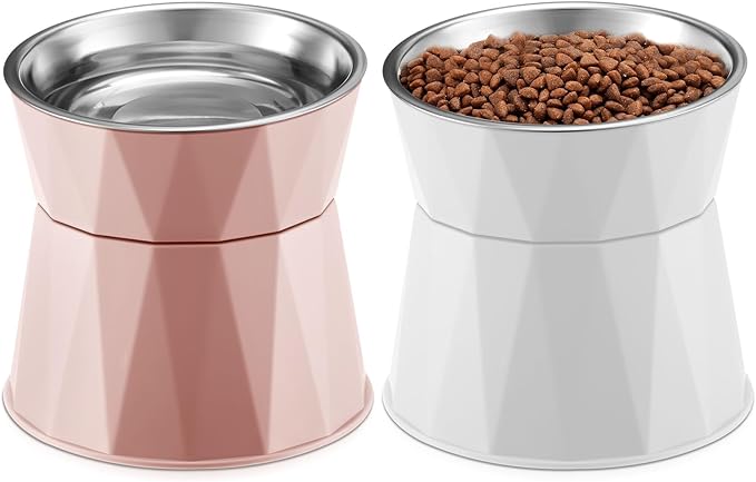 Lallisa 2 Pcs Elevated Cat Bowls Adjustable Raised Cat Feeder Non Slip Food Water with Stand Safe Stainless Steel Bowls with Pet Food Stand for Pets Feeding Eating(Pink, White)