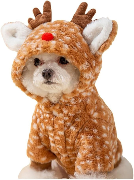 AZA Reindeer Dog Costume Fluffy Christmas Clothes Moose Coat Winter Pet Hoodies Puppy Girl Cute Coat Outfits for Small Dogs Costumes (M（Suitable：5.5lb-9lb）,Moose Brown)