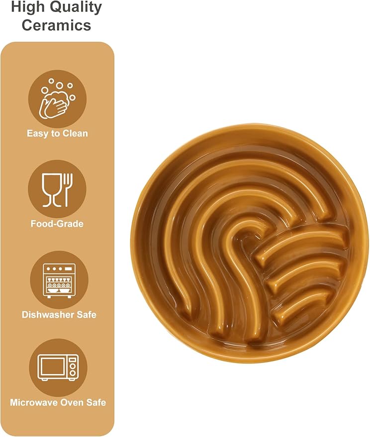 Ceramic Maze Dog Slow Feeder with Non-Slip Silicone Rim (& Bamboo Stand) – Heavy-Duty Stoneware Bowl with Puzzle Pattern for Bloating & Obesity Prevention (Raised-Orange-M)