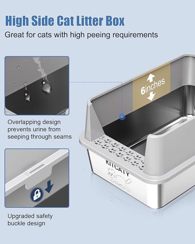 Stainless Steel Litter Box, Metal Litter Boxs with Lid High Sides, XL Extra Large Litter Box for Big Cats, Never Absorbs Odors, Leak-Proof, Stain-Free, Rust-Free, Easy to Clean, Scoop Included…
