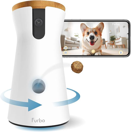 Furbo 360° Dog Camera: Pet Security Cam w/Barking Alerts, Rotating View, Treat Toss w/Phone App, Smart Home Puppy Monitoring, 2-Way Speaker, No Subscription Needed. Standard See, Talk, & Toss Features