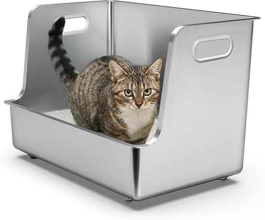 One-Piece Stainless Steel Cat Litter Box, 14.5" High-Sided Metal Litter Pan with Extra Wide Entry, Rust-Proof, Easy to Clean, No Odor, with Wheels & Handles, Perfect for Large or Multi-Cat Homes