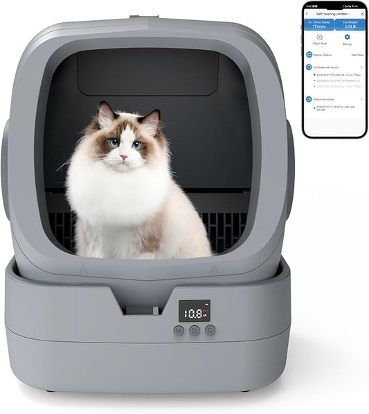 Automatic Cat Litter Box Self Cleaning - APP Control - Weight Monitoring - Ultra-Quiet, Medium Cats and Kittens Litter Box, Safe Anti-Pinch【Assembly Required】- Grey